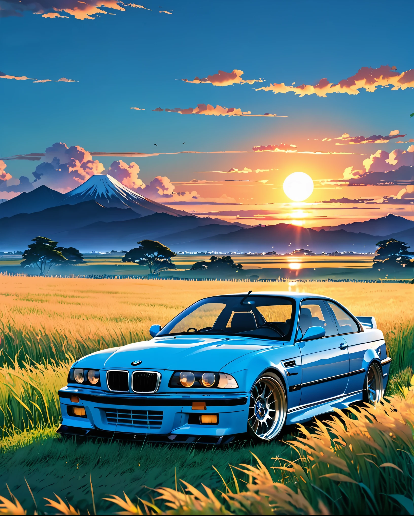 A classic BMW M3 E36 sports car in ABS blue、Anime scenery of a girl sitting in tall grass with a sunset in the background.Beautiful anime scene, Beautiful anime peace scenes, Makoto Shinkai Cyril Rolland, Beautiful anime scene, Awesome Wallpapers, Anime Art Wallpapers 8K, Anime Background, artistic Anime Background, anime wallpaper 4k, Anime Art 4K Wallpaper, Anime Wallpaper Art 4k,