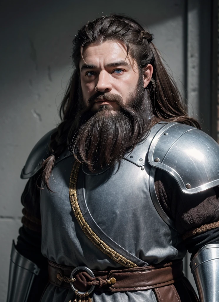Dwarf in full grey armor, medieval fantasy dwarf, stark, plumpness, with light brown hair and a long braided beard, wearing full plate armor, a mad look, fully body, standing alone, fancy, Dwarf Medieval RPG, Closeup portrait of a dwarf with a braided beard, Dwarf braided beard, 4 k image, 超A high resolution, inside royal dwarf hold, High details, best qualityer, 16K, [ultra detaild], master part, best qualityer, (extremely detaild), fully body, photorrealistic, arte de fancy, Arte de RPG, d&d art, an image of a dwarf in his hold (intense details, best qualityer), dwarf male fantasy (intense details, master part, best qualityer),(intense details, master part, best qualityer), brown hair, dynamic blue eye color, Ultra Detailed Face (intense details, master part, best qualityer), long beard, brown beard