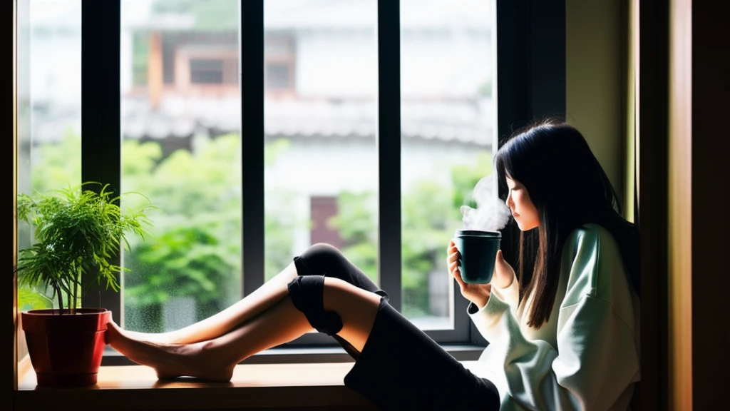 score_9,score_8_up,score_7_up,score_6_up, 1girl, 
 sitting in bed next to a large window, holding coffee cup, steaming coffee cup, wearing over sized hoodie, black hoodie, long hair, black hair, pov from the side, sitting with knees against chest, hoodie over legs, plants on the windowsill, looking out the window, looking away from viewer, background through window is vast space, galaxy background, vietnam