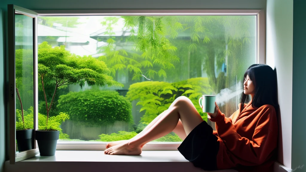 score_9,score_8_up,score_7_up,score_6_up, 1girl, 
 sitting in bed next to a large window, holding coffee cup, steaming coffee cup, wearing over sized hoodie, black hoodie, long hair, black hair, pov from the side, sitting with knees against chest, hoodie over legs, plants on the windowsill, looking out the window, looking away from viewer, background through window is vast space, galaxy background, vietnam