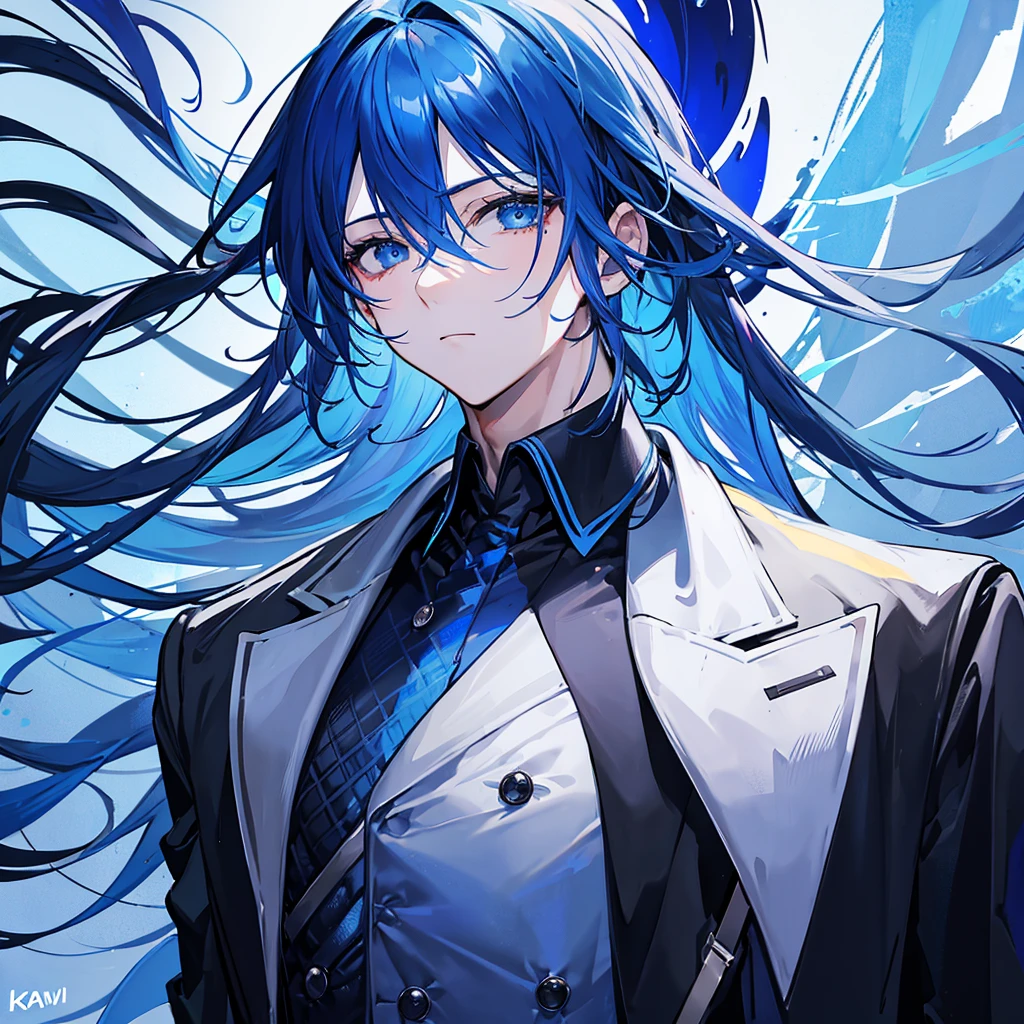 Blue hair, handsome face, black eyes, blue suit, boy 