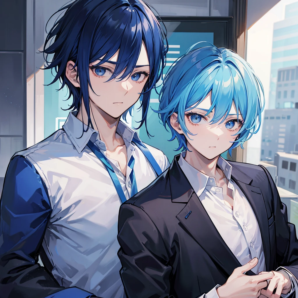 Blue hair, handsome face, black eyes, blue suit, boy