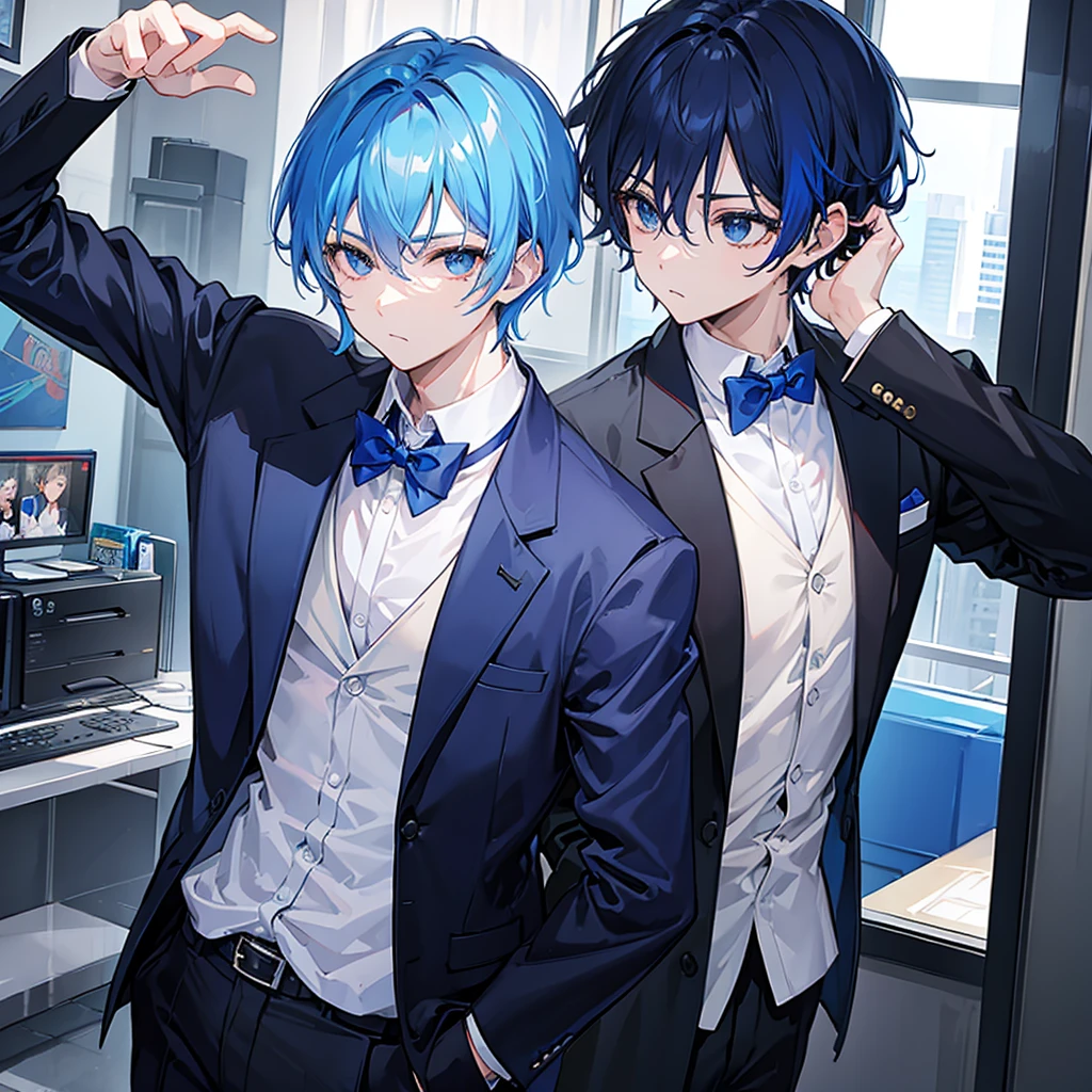 Blue hair, handsome face, black eyes, blue suit, boy 