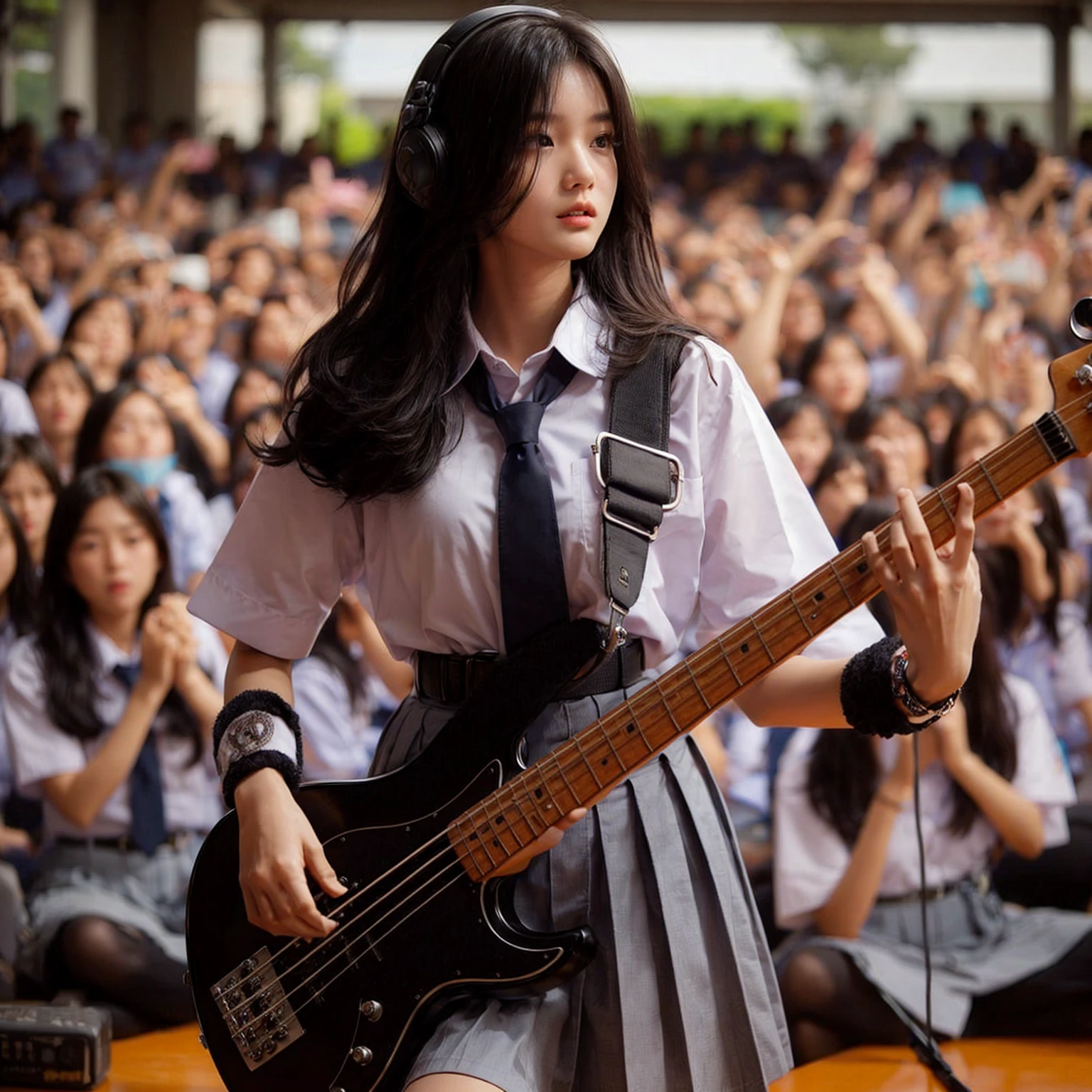 Here is the translation to English:

"A beautiful Korean girl, 18 years old, tall, fair-skinned, medium breasts, playing bass guitar, performing on a high school stage in Surabaya city, many school children watching, wearing a high , white shirt, belt, and gray skirt, jumping around, headbanging, masterpiece, realistic image, HD, 4k, detailed face, detailed eyes, messy hairstyle"