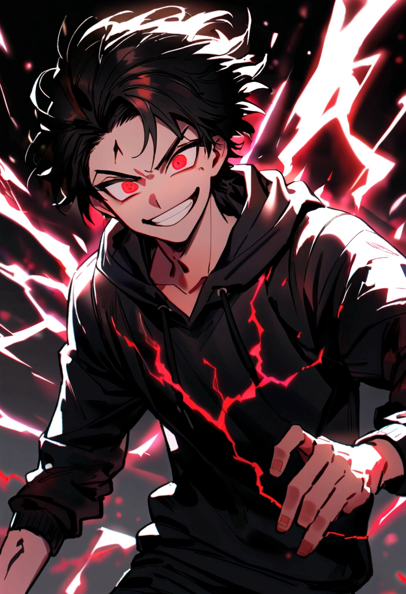 Man 17 years old Long black hair black and white sweatshirt with red electricity on his body with a manic smile