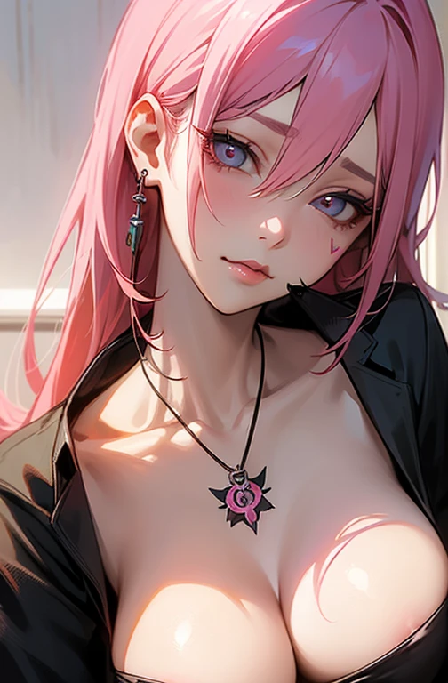Cool women、y、Center of chest、Rize from Chainsaw Man、beauty、Yandere、、Face close-up、Kiss with your eyes closed、Chest tattoo、race、necklace、Pink Hair、(sex