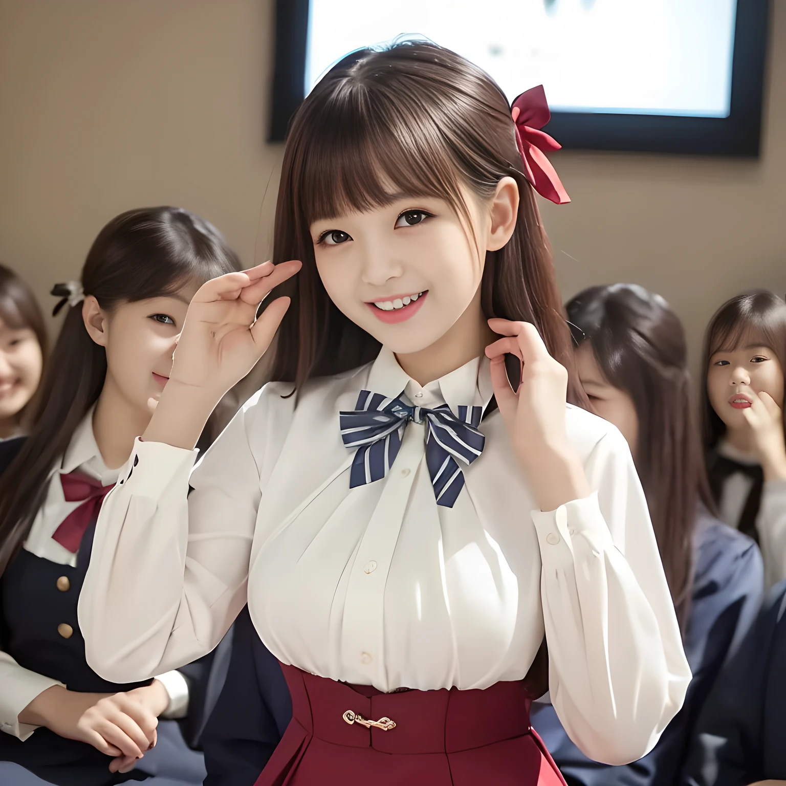 (highest quality, masterpiece:1.2), highest quality, High resolution, 1080P, 8K, Height: 158cm, ((A noble and intelligent succubus like Japanese cute girly idle is hypnotizing and giggling, A very intelligent, very noble, pretty and neat Japanese beautiful idle. 16 years old. Looking at the audience. Realistic very girly girl idle)), ((((White face with plump cheeks)))), Glossy lips, (Evenly cut bangs), ((Very beautiful large smiling dark eyes)), (The very large, shiny, wide red ribbon bow-tie on her chest is very cute)., ((Waved black long hair)), (((Cream colored blouse))), A neat uniform, Very lustrous, glossy lips, Open hand over open mouth, Beautiful hair like a hair model, Cream colored long skirt, Watching the viewer and laughing, ((Incredibly well organized, The expression is rich. plump and beautiful skin and face)), ((Pure and clear eyes)), Long eyelashes, ((laughing at me!)), A ruffled blouse will highlight the shadows., Glossy Lips, Advertisement of Japanese girl's neat school fashion, ((noble and neat)), ((succubus is fascinating with magic and giggling)), ((filled with pinky magical evil fascinating spells))