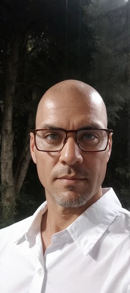 man of 40 years old, greeneyes, sem beard, baldie, white  shirt, background trees, transparent glasses with brown frame, brown skin