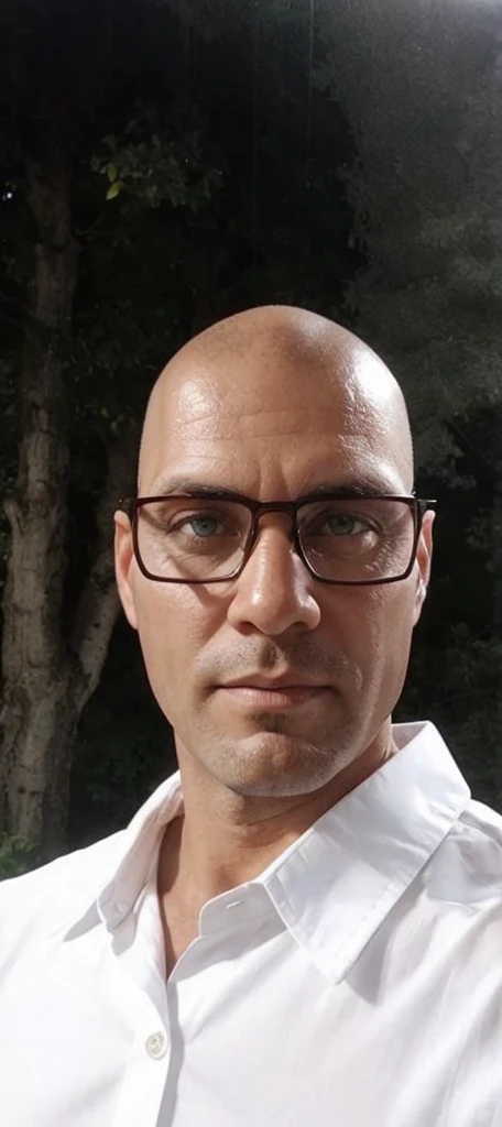 man of 40 years old, greeneyes, sem beard, baldie, white shirt, background trees, transparent glasses with brown frame, brown skin