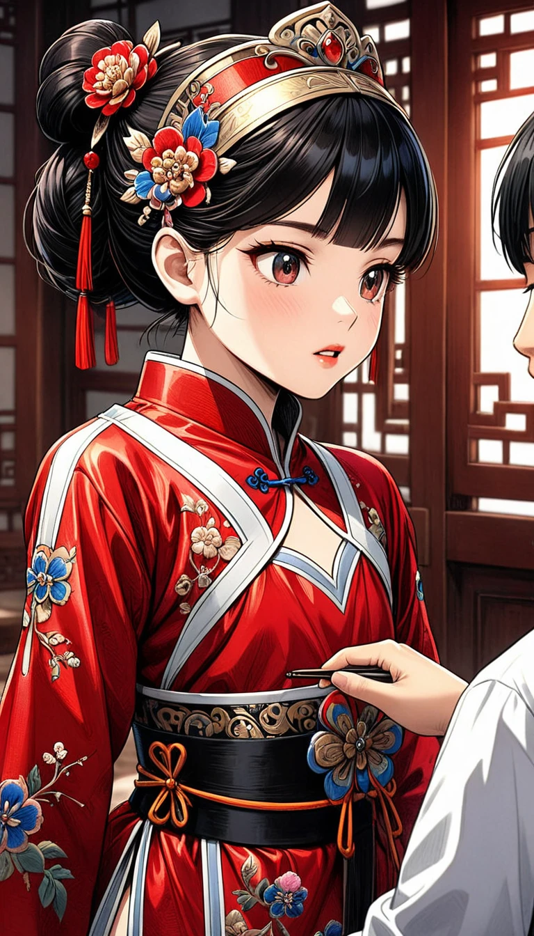 A tragic historical drama in 8k live-action style: Beautiful palace secrets　Beautiful 12 year old  Chinese Kung Fu Princess with long black hair is examined by a doctor　Gorgeous embroidery, Ultra glossy, She is wearing a shiny red top and bottom long sleeve floral pajama kung fu suit....　　She shows her pussy to the doctor