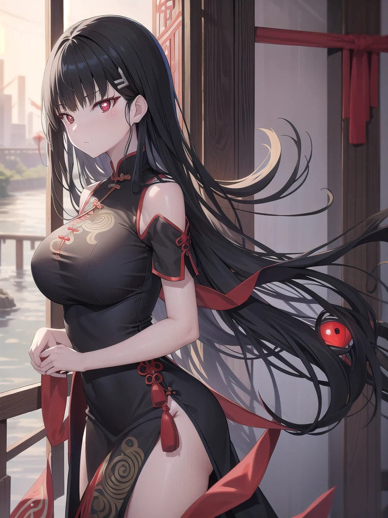 Rivertsukatsuki, River, black hair, (red eyes:1.5), hair ornament, hairclip, Halation, long hair,
、Extremely large breasts(7400)、オフショルダーGorgeous embroidered Chinese dress、With slits