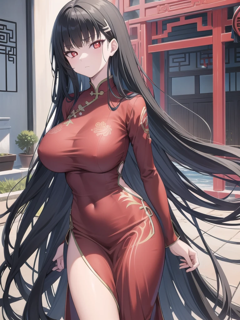 Rivertsukatsuki, River, black hair, (red eyes:1.5), hair ornament, hairclip, Halation, long hair,
、Extremely large breasts(7400)、オフショルダーGorgeous embroidered Chinese dress、With slits