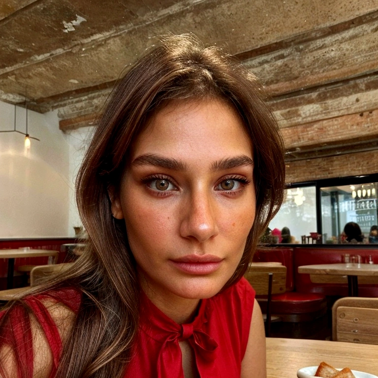 At 28 years old, a naturally beautiful woman with brown hair, hazel eyes, prominent cheekbones, a small nose, and an attractive gaze, sitting in a café wearing a red dress