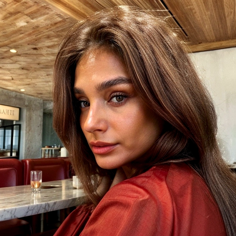 At 28 years old, a naturally beautiful woman with brown hair, hazel eyes, prominent cheekbones, a small nose, and an attractive gaze, sitting in a café wearing a red dress