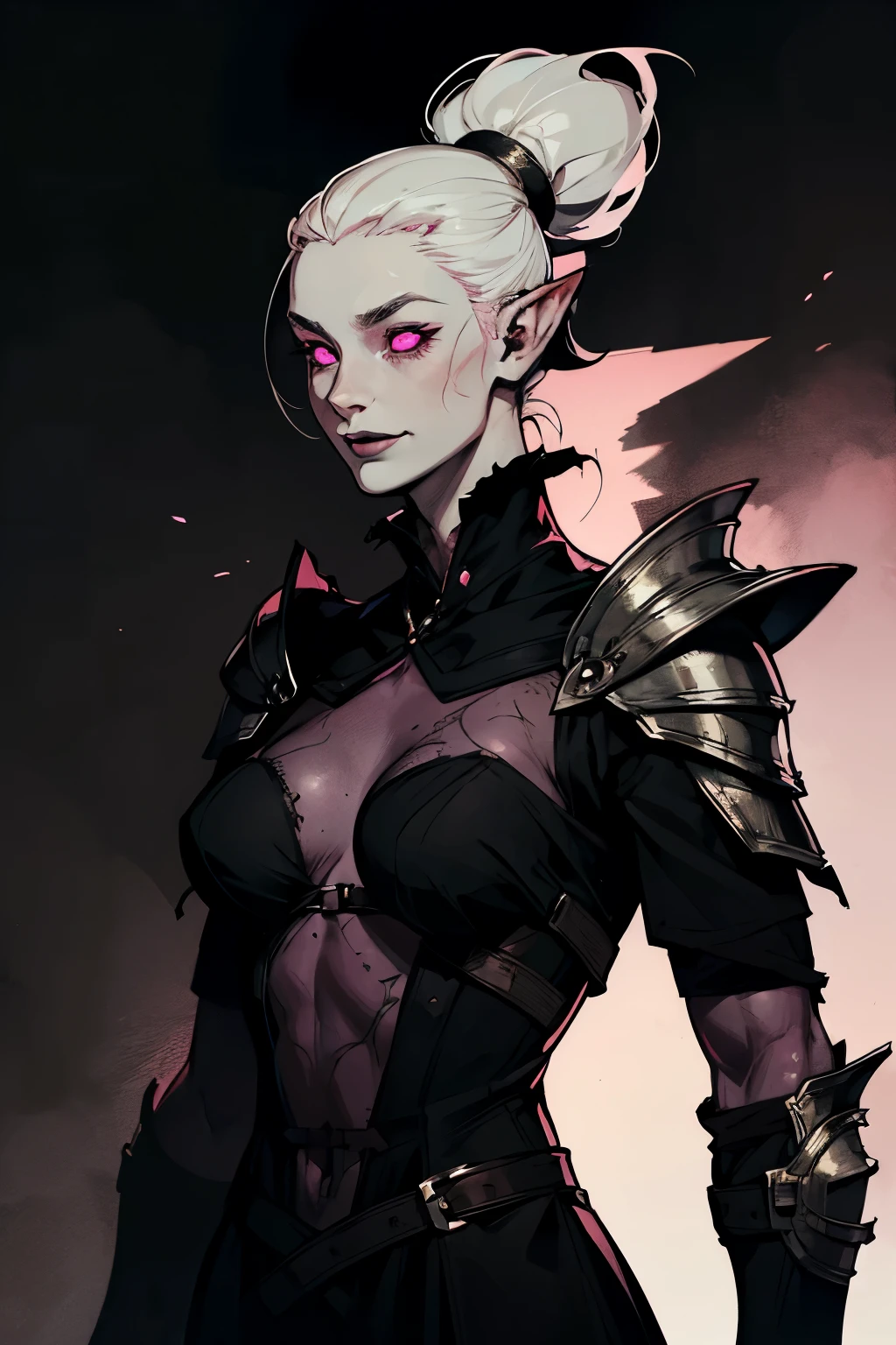 Pale skin, Patchy skin, prominent veins, dark veins, gray hair, black_circles under the eyes, pink eyes, black_sclera, woman, warrior, armor, Broad smile, Sharp teeth, closed clothing, Pointed ears, dark background ((Best quality))