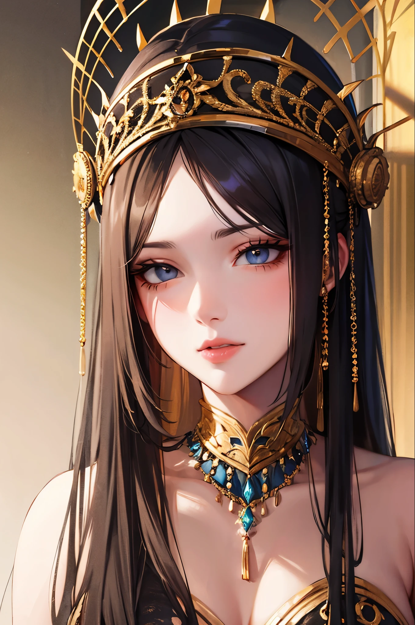 best quality, masterpiece, ultra-detailed, dark hair, gold eyes, topknot, red clothes, looking up, upper body,hair strand,Fair skin, godlike, sensual