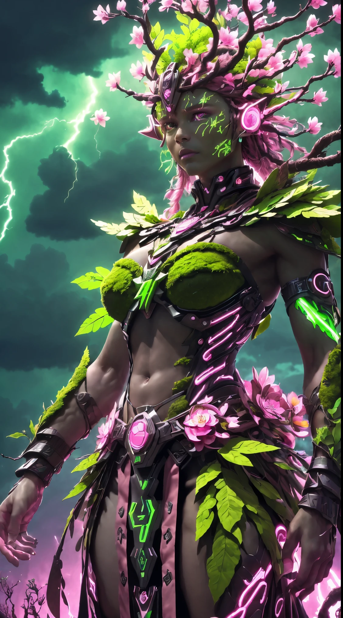 Plant Maiden，metal foil，Wired branch，eyepiece mechanical shell with bright light，moss-covered bark，tribal clothing，majestic figure，(ancient tribal marks)，Control the tendrils that extend from the arms，Neon lights dance on the body，(Lightning around branches and leaves)，(peach blossom)，The petals are soft and delicate，vibrant with colors，(A harmonious mix of green and pink)，(ominous dark clouds in the sky)，atmosfera noturna，A futurist，vibrant colors and high-contrast lighting，Shadows and Dramatic Enhancements.(Best quality at best, 4K, 8K, Masterpiece artwork: 1.2), (real, photography realistic, photography realistic: 1.37)