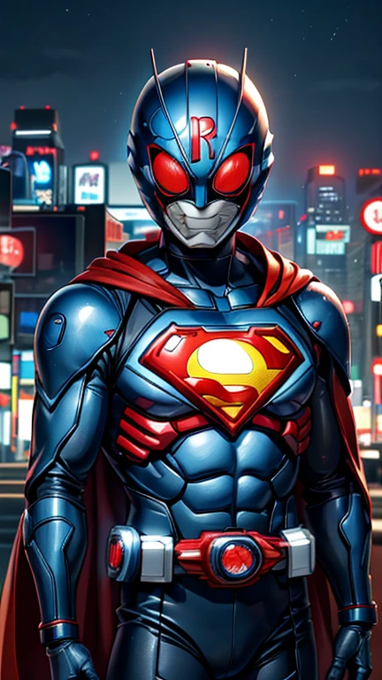 (8k),(masterpiece),(Japanese),(8-year-old boy),((innocent look)),((Childish)),From the front,smile,cute,Innocent,Kind eyes,Flat chest,blue helmet,red domino mask,Red cape,Superman, short,Black Hair,Strong wind,night,dark, Neon light cyberpunk city,Kamen rider,camisa