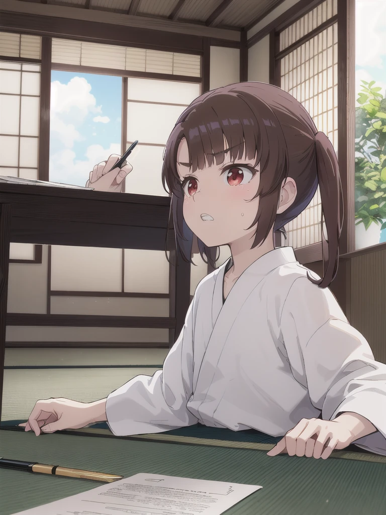 Japanese-style room,blue sky,cloud,On the tatami_Sitting,Near the PC,from side, top-down bottom-up,indoor,1 Girl, 独奏, Red eyes, Twin tails, brown hair,crawling,顔 focus,upper body,White shirt, bangs, eyebrows visible through hair, Flat Chest,looking at another,teeth ,annoyed,panicking,Write on loose-leaf paper with a pen,