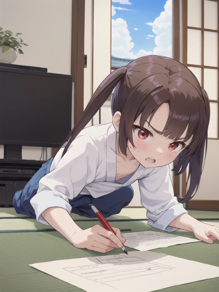 Japanese-style room,blue sky,cloud,On the tatami_Sitting,Near the PC,from side, top-down bottom-up,indoor,1 Girl, 独奏, Red eyes, Twin tails, brown hair,crawling,顔 focus,upper body,White shirt, bangs, eyebrows visible through hair, Flat Chest,looking at another,teeth ,annoyed,panicking,Write on loose-leaf paper with a pen,