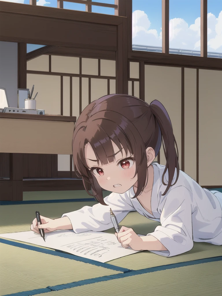Japanese-style room,blue sky,cloud,On the tatami_Sitting,Near the PC,from side, top-down bottom-up,indoor,1 Girl, 独奏, Red eyes, Twin tails, brown hair,crawling,顔 focus,upper body,White shirt, bangs, eyebrows visible through hair, Flat Chest,looking at another,teeth ,annoyed,panicking,Write on loose-leaf paper with a pen,