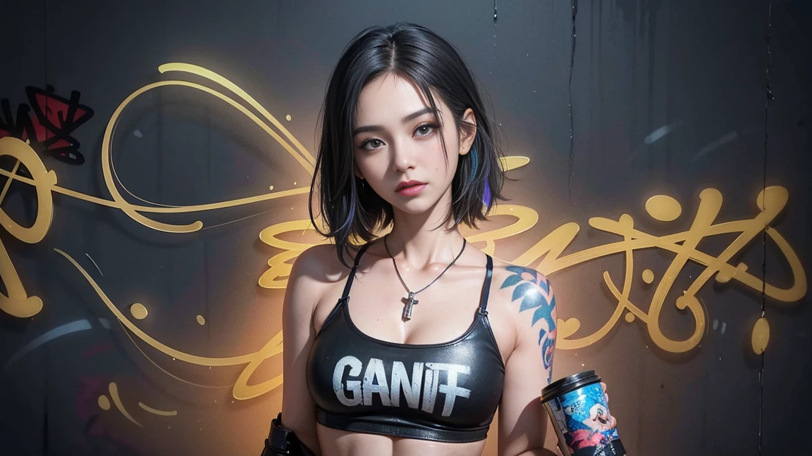 SFV, (close-up), Beautiful girl, whole body, short bright blue disheveled hair, black eye shadow, (street style clothing:1.2), ((tight pants)), ((leather knee-high boots)), (night city:1.2), dark makeup, digital art, trending on artstation, highly detailed, small parts, difficult, beautiful detailed glow, detailed, cinematic light, A high resolution, detailed facial features, sharp focus, smooth, aesthetic, (masterpiece),(Kureski), author: Jamie Christopher Hewlett, no magnification, ((Tanker)), (Fabric is smaller),Beautiful medicine!,(cute face), Big bust,very nice,Beautiful woman,Beautiful face, happy, whole body, Beautiful realistic girl in waifu style, hyperdetailed painting, Luminism, art by Carne Griffiths and Wadim Kashin conceptual art, permission 8k, fractal isometry details bioluminescence , Octane render, difficultly detailed , Cinematic, trending on artstation, Cyberpunk Desert, pop art, Isometric centered hyperrealistic cover photo, stunning full color , sandy, realistic fly , difficult, определение pop artадания , Cinematic,sketch, thick lines, on paper, ethereal background, abstract beauty,Stand, Getting closer to perfection, pure form, Golden ratio, minimalistic, unfinished, conceptual art, difficult details, post-production c 8k, A high resolution, hyperdetailed, trending on artstation, sharp focus, Studio photo, difficult details, highly detailed, Pixar Studio style, Punks, pop art,masterpiece, Best quality, 1 girl, One, crop top, denim shorts, necklace, (graffiti:1.5), splashes of paint, hands behind your back, near the wall, Looking at the viewer, armband, thigh strap, Paint on the body, head tilt, bored, multicolored hair, sea green eyes, garnish, wear a bra,((Thin waist)), young asian girl, ((big )),