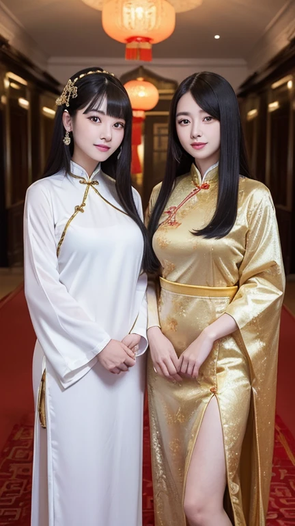 (((Two Chinese beauties)))、21 years old、(Very heavy makeup:1.2)、(Slanted Eyes:1.3)、(long narrow eyes:1.3)、Shiny Hair、Glowing Skin、Very white skin、Jet Black Hair、Straight long hairstyle、Big eyes、Double eyelids、Luxury Chinese palace、(The two of them stand side by side in the palace corridor)、Golden Hair Ornament、(The queen's costume)、Luxurious and gorgeous、(huge breast:1.1)、(Exposed Skin:1.3)、(Smile with your mouth closed)