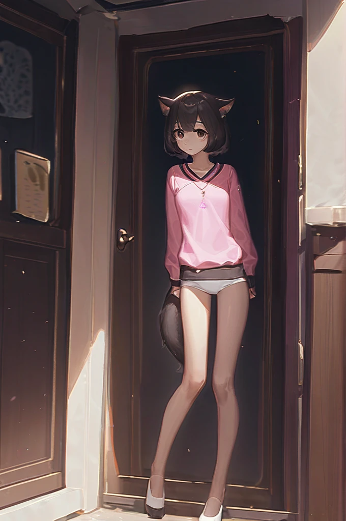 ((Лучшее качество)), ((шедевр)), (подробный), a catgirl with black hair with small breasts in only underwear gets cancer in front of the owner so that her pussy does not shine through her panties a lot