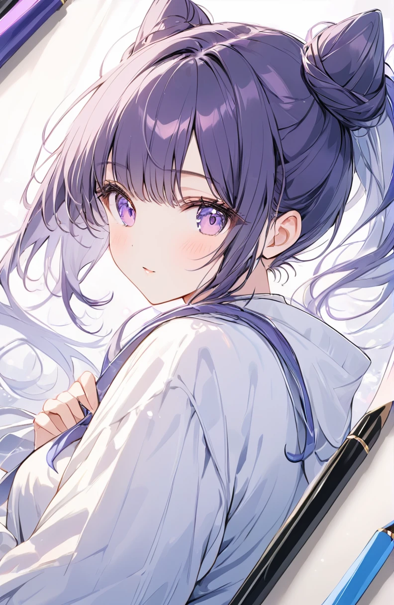Very detailed、Very absurd、超High resolution, Attention to detail, high quality, High resolution, 最high quality, 4K, 8K,Clear drawing,Delicate contours,deep violet hair color,hair bun,blunt bangs,jamping