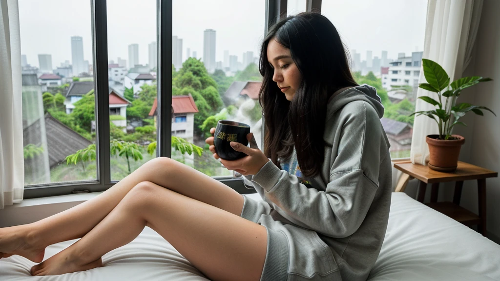 score_9,score_8_up,score_7_up,score_6_up, 1girl, 
 sitting in bed next to a large window, holding coffee cup, steaming coffee cup, wearing over sized hoodie, black hoodie, long hair, black hair, pov from the side, sitting with knees against chest, hoodie over legs, plants on the windowsill, looking out the window, looking away from viewer, background through window is vast space, galaxy background, vietnam