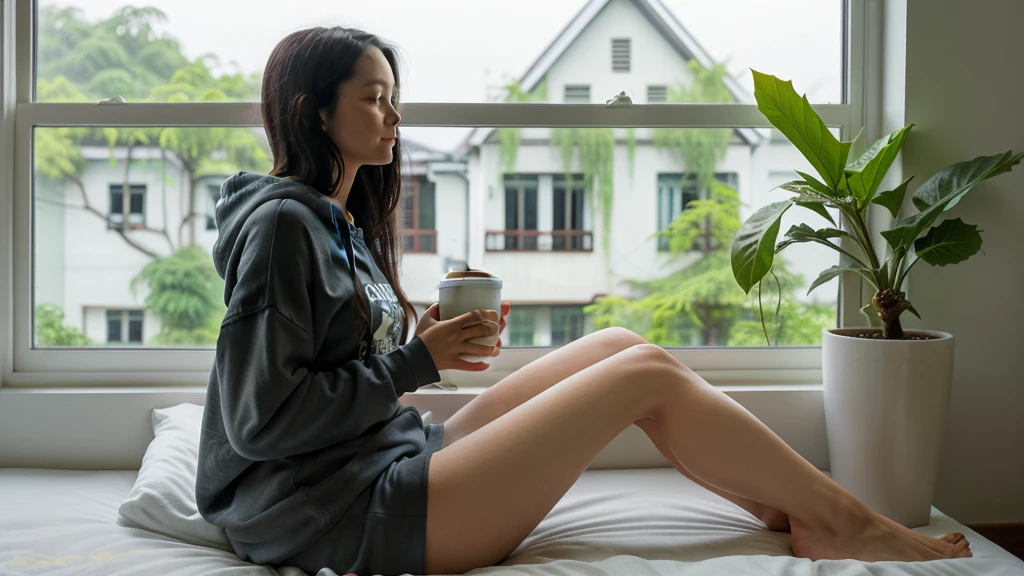 score_9,score_8_up,score_7_up,score_6_up, 1girl, 
 sitting in bed next to a large window, holding coffee cup, steaming coffee cup, wearing over sized hoodie, black hoodie, long hair, black hair, pov from the side, sitting with knees against chest, hoodie over legs, plants on the windowsill, looking out the window, looking away from viewer, background through window is vast space, galaxy background, vietnam