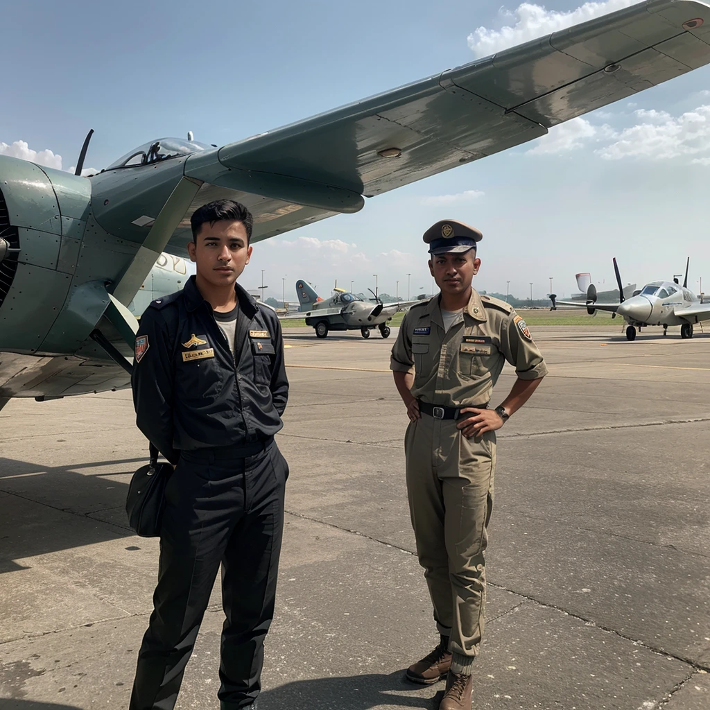 young José Abelardo Quiñones at an airfield, dressed in his pilot uniform, horizontally