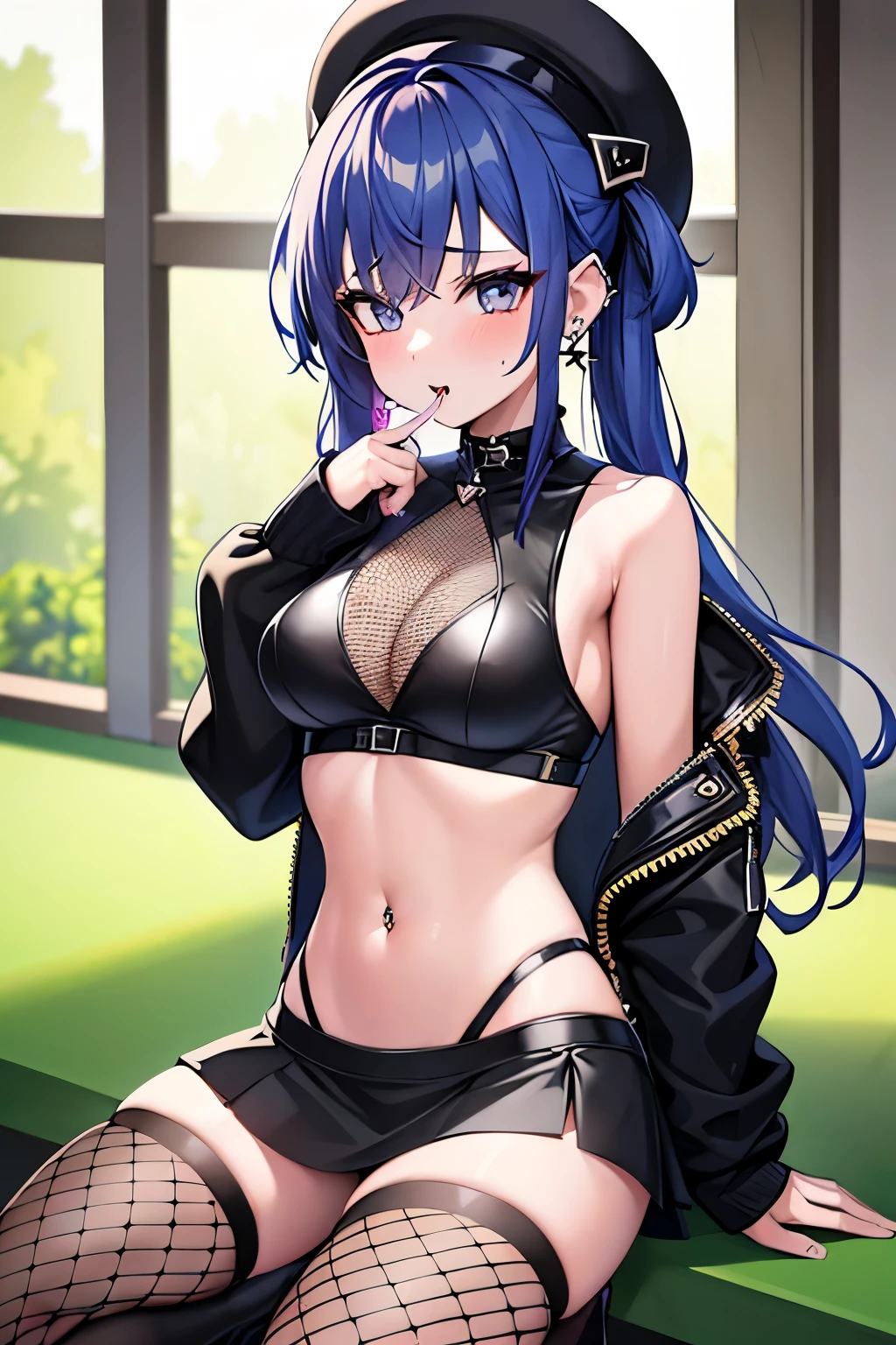 Young-looking girl wearing long black boots, fishnet tights, earrings and piercings, short black mini skirt, fishnet bra with holes and transparent tears, X-shaped nipple plugs, sexy goth, sexy emo, and girl sexy