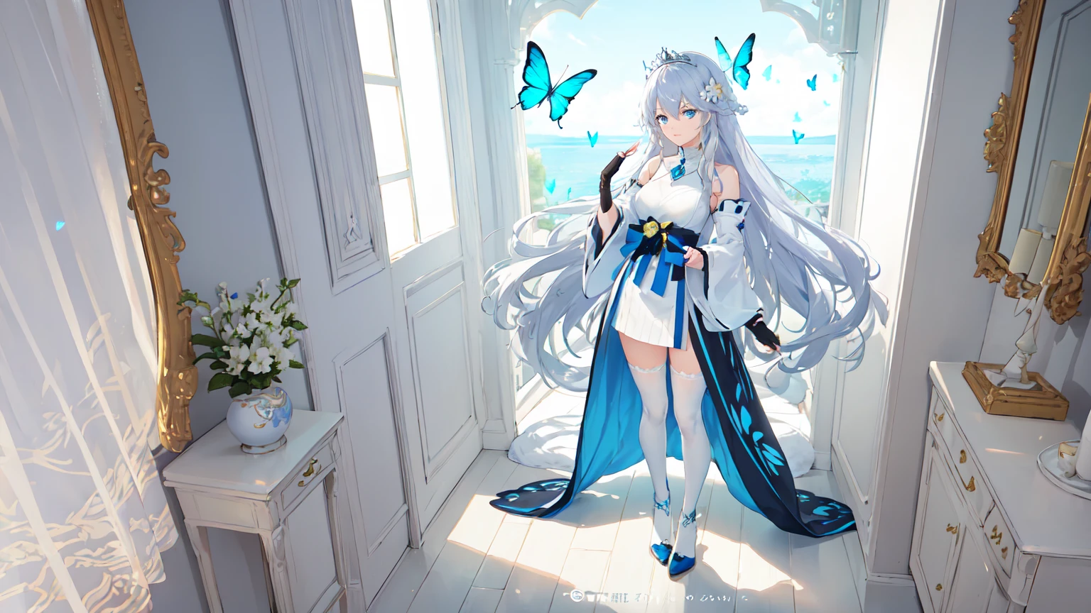 (view from above),dynamic angle,ultra detailed, illustration, close-up, Right on, 1 girl, (fantasy:1.4), (azure blue eyes:1.233),Her eyes shone like Dreamy stars,(Brilliant eyes:1.233),(Beautiful and detailed eyes:1.1),(silver hair:1.14),(dirty hair,Very long hair,french braid,hair between eyes,sidelocks), (+(bule hair flower:1.14)),(chiffon dress,Bule floral pattern in uniform)/=(military uniform:1.24),(cut off sleeves,wide sleeves),(fingerless gloves),necklace,(Miko in stockings),high heel boots,(inexpressive,closed mouth),(standing), (Classic princess boudoir with dressing table and french window in a white antique palace),(White flowers,blossom),(bottomless sea),(flowing water),(dull blue world tree:1.14),(ruin),(night:1.2),Dreamy,soul,(Fluorescence),(flying translucent blue butterflies:1.15), [[gentle fingers and hands:0.55]::0.85],(detailed fingers),(Ubao:0.5),