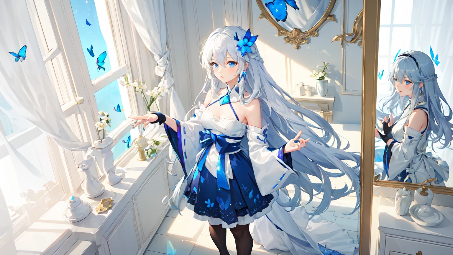 (view from above),dynamic angle,ultra detailed, illustration, close-up, Right on, 1 girl, (fantasy:1.4), (azure blue eyes:1.233),Her eyes shone like Dreamy stars,(Brilliant eyes:1.233),(Beautiful and detailed eyes:1.1),(silver hair:1.14),(dirty hair,Very long hair,french braid,hair between eyes,sidelocks), (+(bule hair flower:1.14)),(chiffon dress,Bule floral pattern in uniform)/=(military uniform:1.24),(cut off sleeves,wide sleeves),(fingerless gloves),necklace,(Miko in stockings),high heel boots,(inexpressive,closed mouth),(standing), (Classic princess boudoir with dressing table and french window in a white antique palace),(White flowers,blossom),(bottomless sea),(flowing water),(dull blue world tree:1.14),(ruin),(night:1.2),Dreamy,soul,(Fluorescence),(flying translucent blue butterflies:1.15), [[gentle fingers and hands:0.55]::0.85],(detailed fingers),(Ubao:0.5),