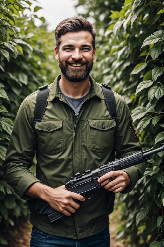 A happy man hiding in a bush with a gun in his hand