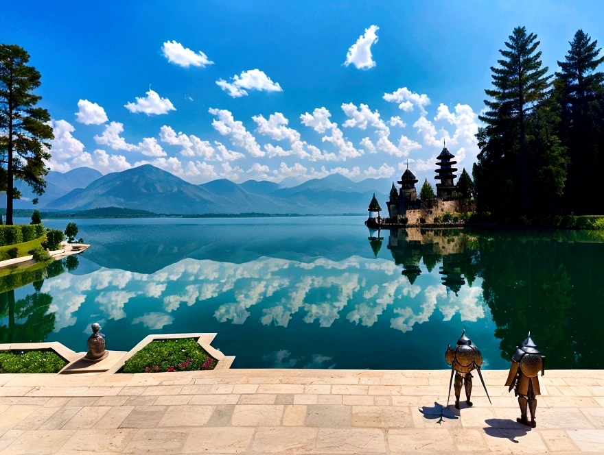 Two knights in armor against the background of Lake