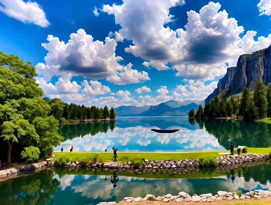 Two knights in armor against the background of Lake 