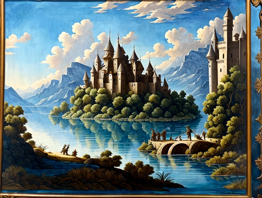 Two knights in armor against the background of Lake