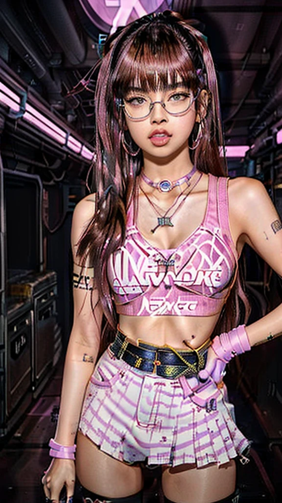 1 woman,cowboy shot,anime, ((((lisa blackpink))), cyber punk ,a woman with glasses and a necklace on her neck, brown skin,bella poarch, charli xcx,Tongue sticks up lips,cyber punk, smooth in _ the background, madison beer as leeloo