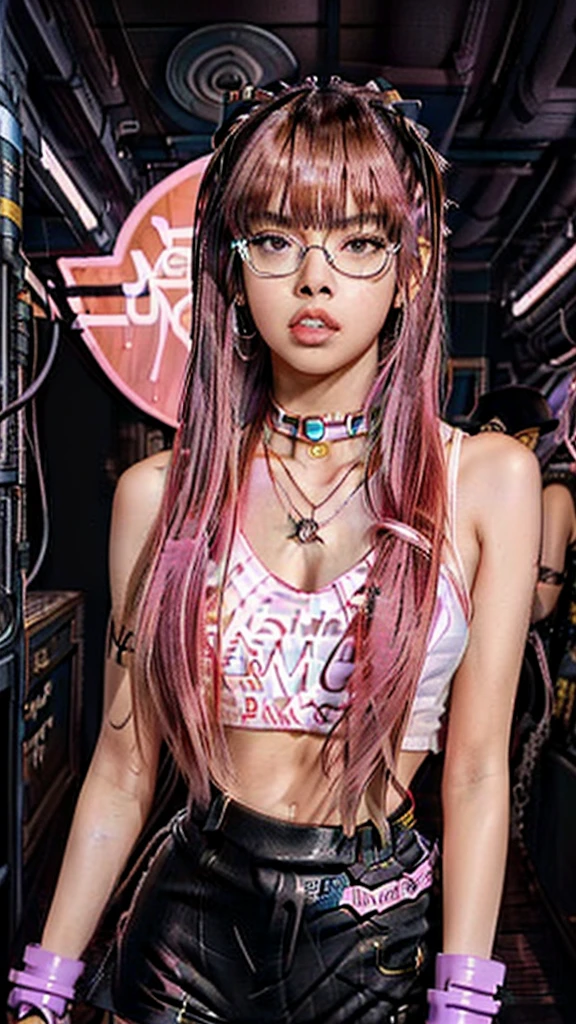 1 woman,cowboy shot,anime, ((((lisa blackpink))), cyber punk ,a woman with glasses and a necklace on her neck, brown skin,bella poarch, charli xcx,Tongue sticks up lips,cyber punk, smooth in _ the background, madison beer as leeloo