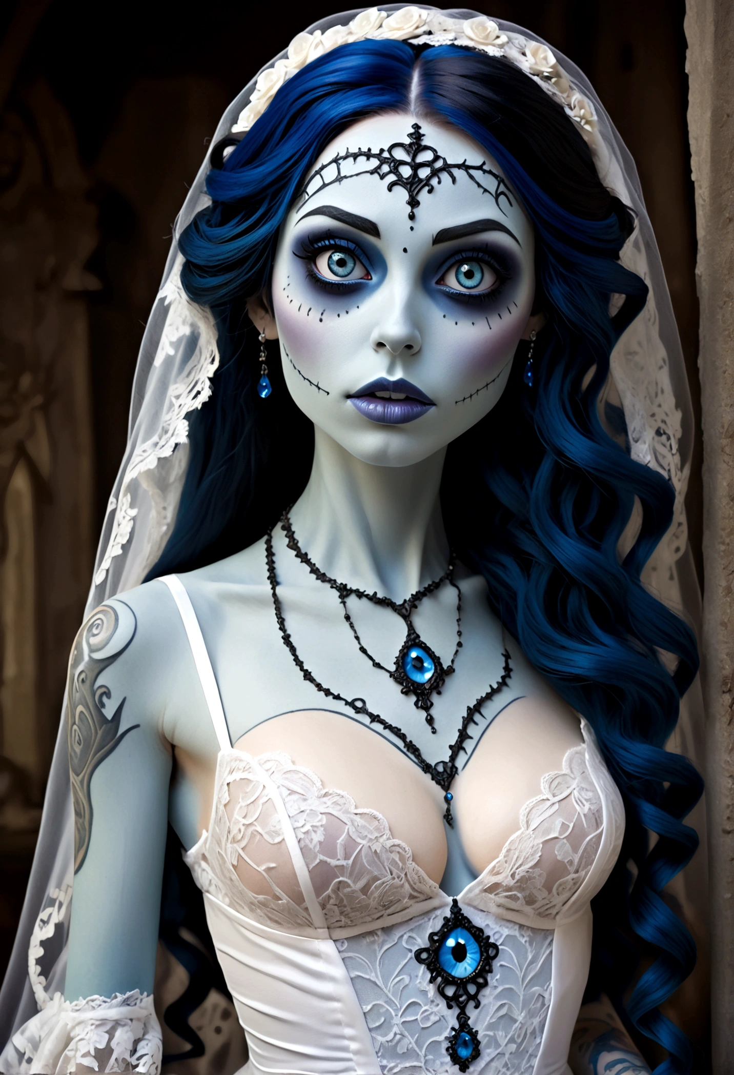 Create a hyper detailed photograph of a corpse bride tattooed young sexy Emily the Corpse Bride, Stunningly perfect gorgeous face, perfect makeup, detailed vibrant eyes, long hair, beautiful perfect, big beautiful perfect arms, realistic torso, corpse bride detailed silky smooth skin, big breast, perfect round ass, corpse bride sexy seductive lace lingerie, back to camera looking forward,