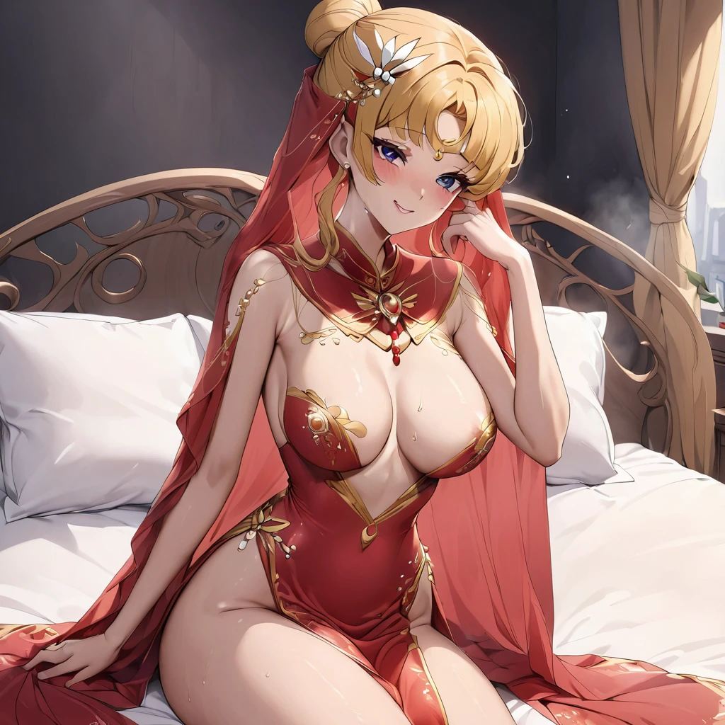 ((Highest quality)), ((masterpiece)), (detailed), （Perfect Face）、The woman is wearing a gorgeous, glittering, long-slit, red see-through Chinese dress with gold embroidery, a red veil and a red see-through cape, a gorgeous hair ornament, and gorgeous jeweled accessories.、The woman is the elegant Tsukino Usagi, with long blonde hair in a chignon twin tail.、A man and a woman are naked and having sex on a luxurious bed