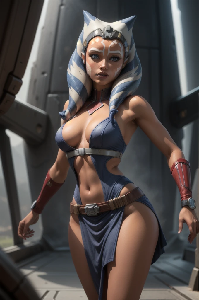 (masterpiece, best quality, ultra-detailed), AhsokaTano, (orange skin:1.2), sexy, young, teen, 13yearold, blue eyes, makeup, small breasts, blue shirt, vambraces, fingerless gloves, hip armor, blue skirt, blue leggings, standing, front view, sexy pose, looking at viewer, holding lightsaber