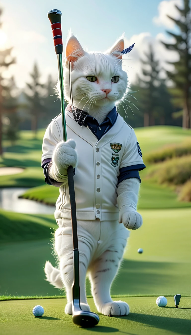 ((8K)), highest quality, 超High resolution, (High resolution)、A white cat wearing golf attire at a golf course, swinging a club while wearing white gloves.