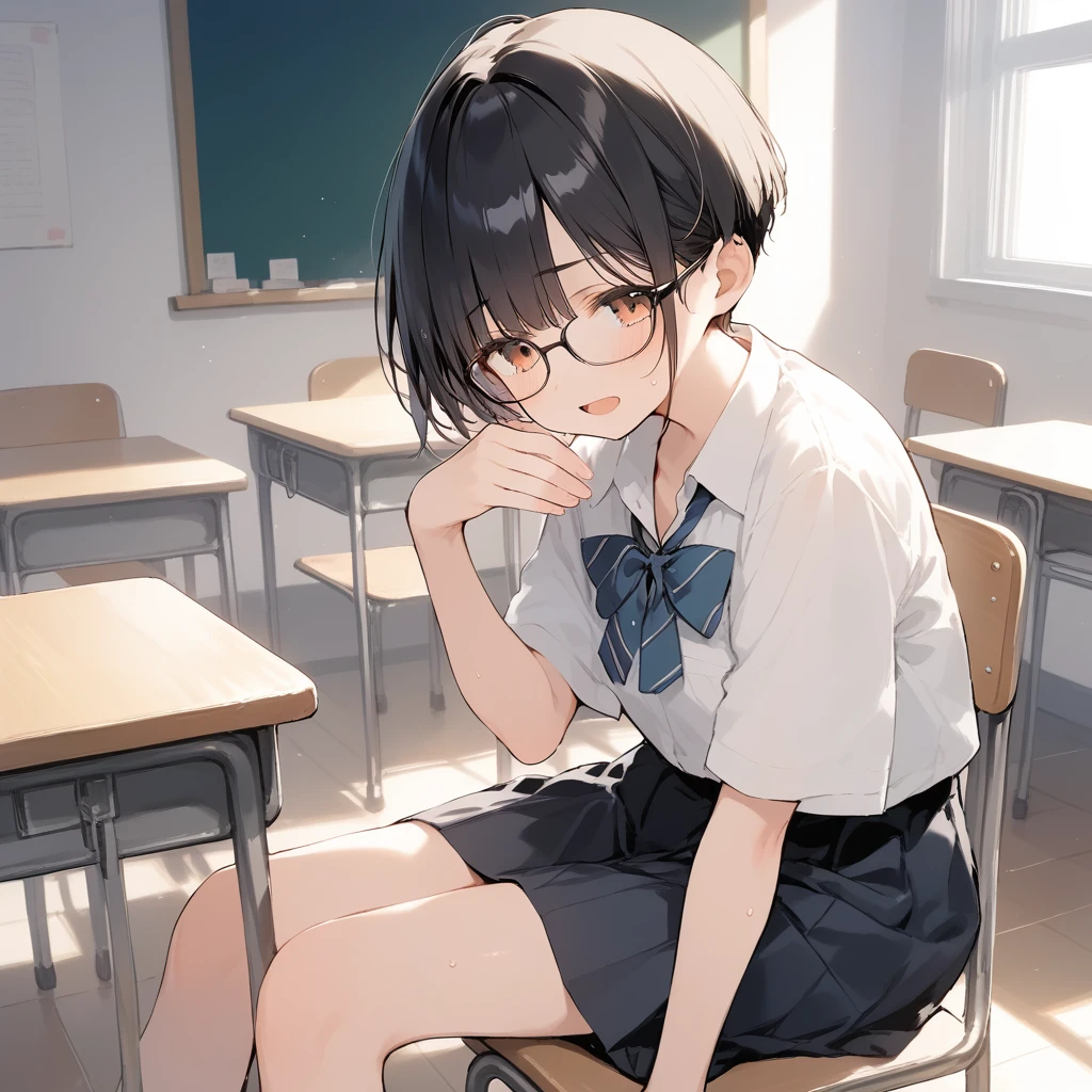 score_9, score_8_up, score_7_up, source_anime, best quality, masterpiece, official art, absurdres, highres, ultra-detailed,waifu2x,Collection: Slice of Life,break,1girl, very short hair,pixie cut, long bangs, glasses, small breasts, sit, sweat, open mouth, (wavy mouth:0.3), indoors, school classroom, break,(clear line illustration:1.2),very high resolution, very aesthetic, super detailed skin, Best sexual lighting powered by famous artist, 8k,cute picture,beauty illustration,photoshop_(medium),,(Detailed Lighting),best anime 8k konachan wallpaper, pixiv contest winner, 