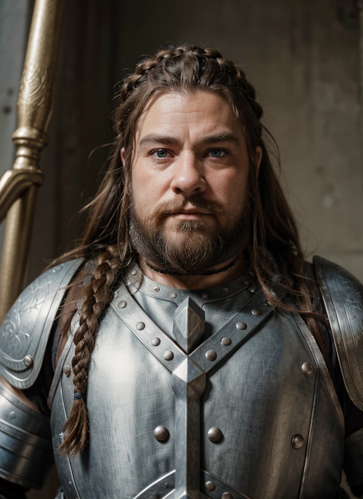 Dwarf in full grey armor, medieval fantasy dwarf, stark, plumpness, with light brown hair and a long braided beard, wearing full plate armor, a mad look, fully body, standing alone, fancy, Dwarf Medieval RPG, Closeup portrait of a dwarf with a braided beard, Dwarf braided beard, 4 k image, 超A high resolution, inside royal dwarf hold, High details, best qualityer, 16K, [ultra detaild], master part, best qualityer, (extremely detaild), fully body, photorrealistic, arte de fancy, Arte de RPG, d&d art, an image of a dwarf in his hold (intense details, best qualityer), dwarf male fantasy (intense details, master part, best qualityer),(intense details, master part, best qualityer), brown hair, dynamic blue eye color, Ultra Detailed Face (intense details, master part, best qualityer), long beard, brown beard