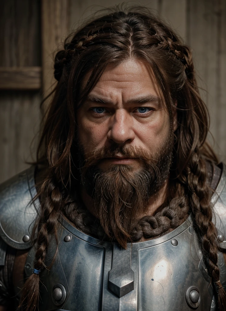 Dwarf in full grey armor, medieval fantasy dwarf, stark, plumpness, with light brown hair and a long braided beard, wearing full plate armor, a mad look, fully body, standing alone, fancy, Dwarf Medieval RPG, Closeup portrait of a dwarf with a braided beard, Dwarf braided beard, 4 k image, 超A high resolution, inside royal dwarf hold, High details, best qualityer, 16K, [ultra detaild], master part, best qualityer, (extremely detaild), fully body, photorrealistic, arte de fancy, Arte de RPG, d&d art, an image of a dwarf in his hold (intense details, best qualityer), dwarf male fantasy (intense details, master part, best qualityer),(intense details, master part, best qualityer), brown hair, dynamic blue eye color, Ultra Detailed Face (intense details, master part, best qualityer), long beard, brown beard