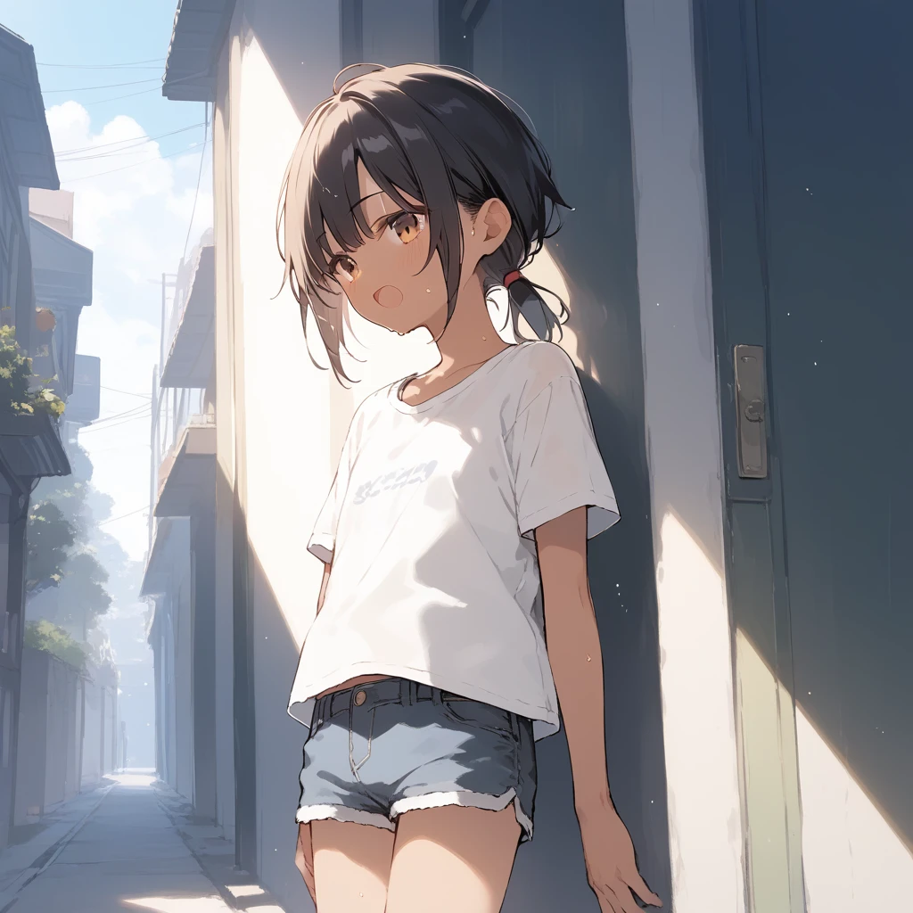 score_9, score_8_up, score_7_up, source_anime, best quality, masterpiece, official art, absurdres, highres, ultra-detailed,waifu2x,Collection: Slice of Life,break,1girl, tomboy, dark-skinned female, short hair, low ponytail, flat chest, beautiful detailed eyes, short shorts, sweat, open mouth, (yawn:0.3), sleepily, outdoors, wind, break,(clear line illustration:1.2),very high resolution, very aesthetic, super detailed skin, Best sexual lighting powered by famous artist, 8k,cute picture,beauty illustration,photoshop_(medium),,(Detailed Lighting),best anime 8k konachan wallpaper, pixiv contest winner, 