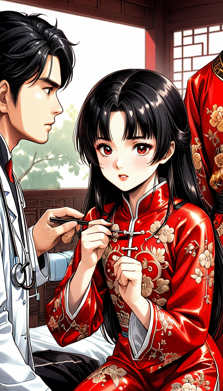 A tragic historical drama in 8k live-action style: Beautiful palace secrets　A beautiful 10-year-old Chinese Kung Fu princess with long black hair is being examined by a doctor　Gorgeous embroidery, Ultra glossy, She is wearing a shiny red top and bottom long sleeve floral pajama kung fu suit....　　She shows her pussy to the doctor